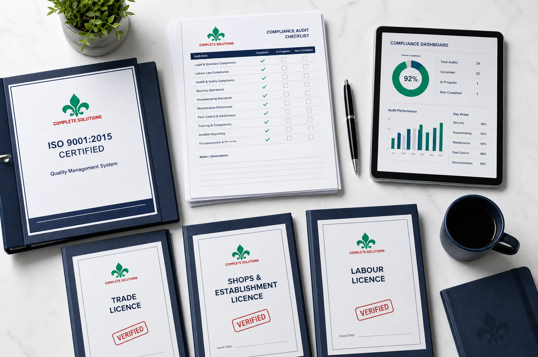 Compliance audit desk with certification documents and operational records.